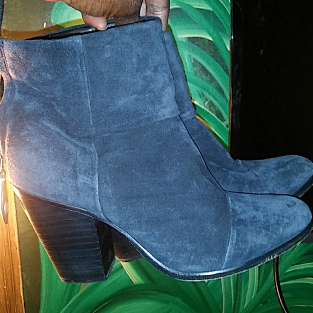 Blue suede booties.